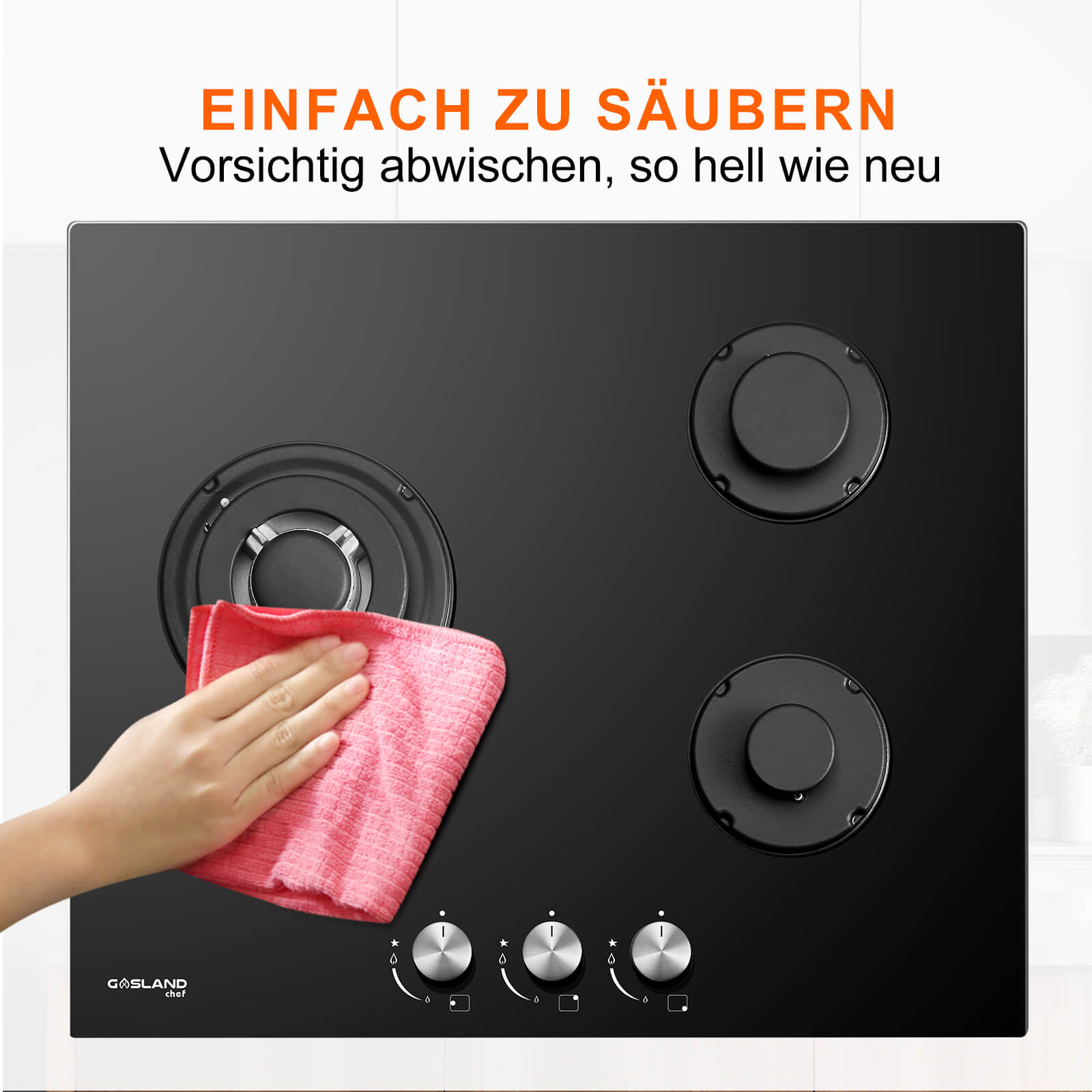 GASLAND Chef GH603BF Glas Gaskochfeld mit Wok Brenner 3 Flammig, Gas Einbau Gaskochfeld, 60 cm Schwarz Glasherd,Gas Kochfeld 6200 Watt, LPG/Erdgas