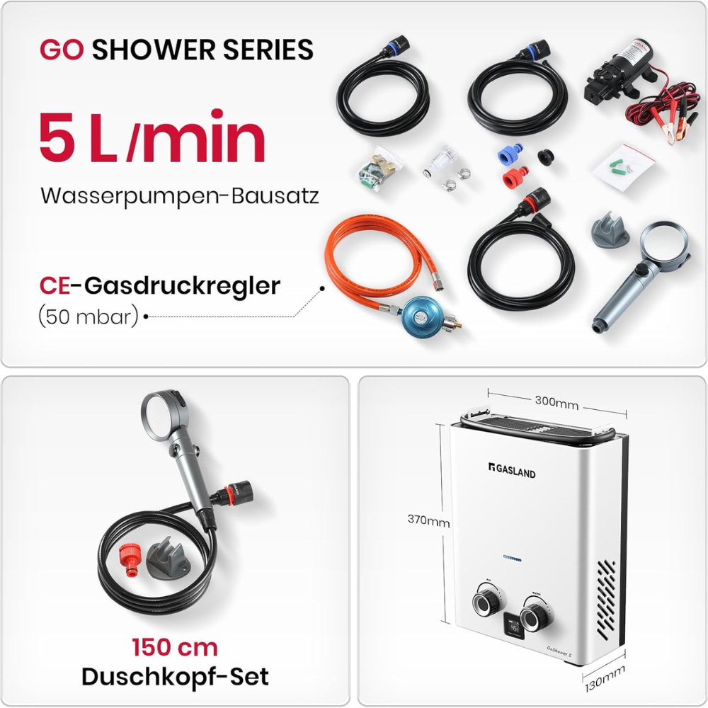 Premium 5L Propangas-Durchlauferhitzer mit Pumpe – 50 mbar