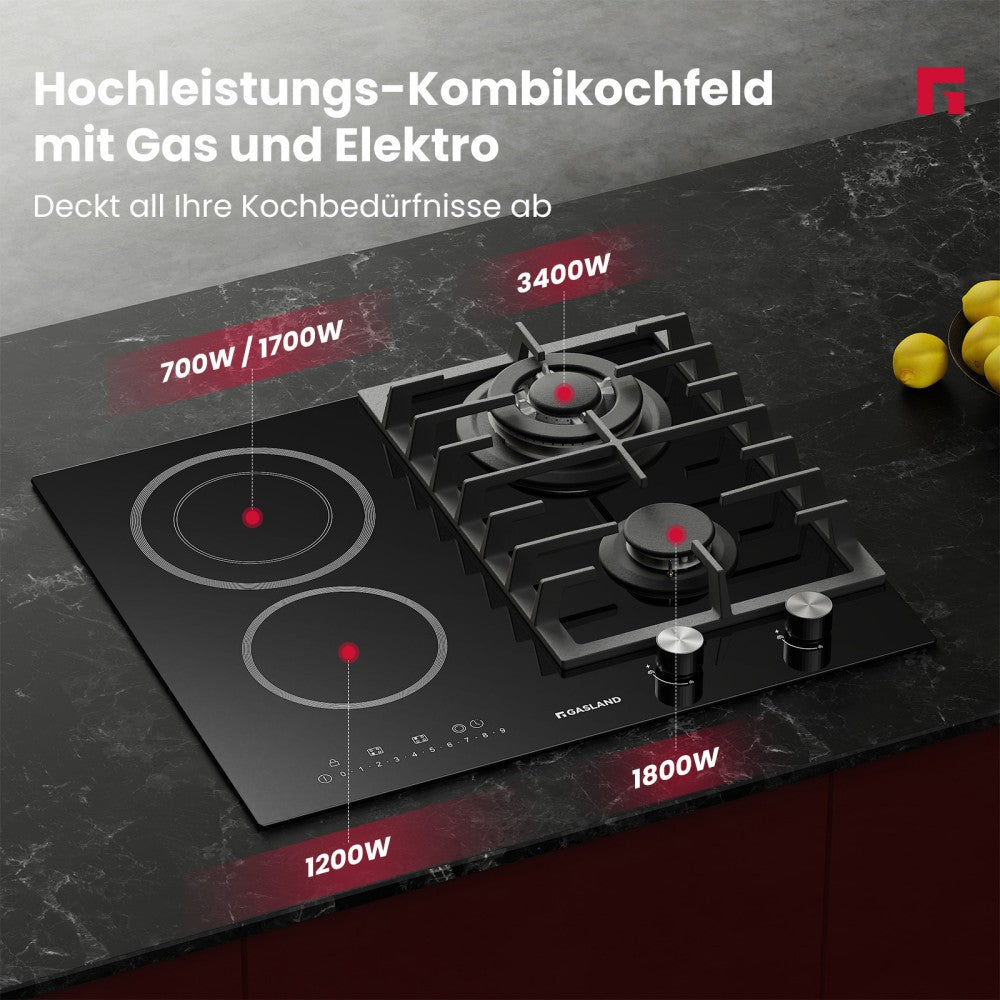 Einbaukochfeld mit Glaskeramik-Kochfeld - 4 Kochzonen und 1 Kochplatte