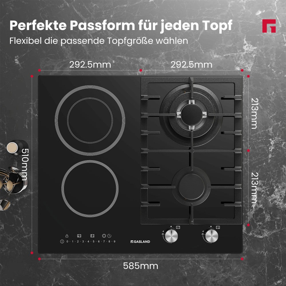 Einbaukochfeld mit Glaskeramik-Kochfeld - 4 Kochzonen und 1 Kochplatte