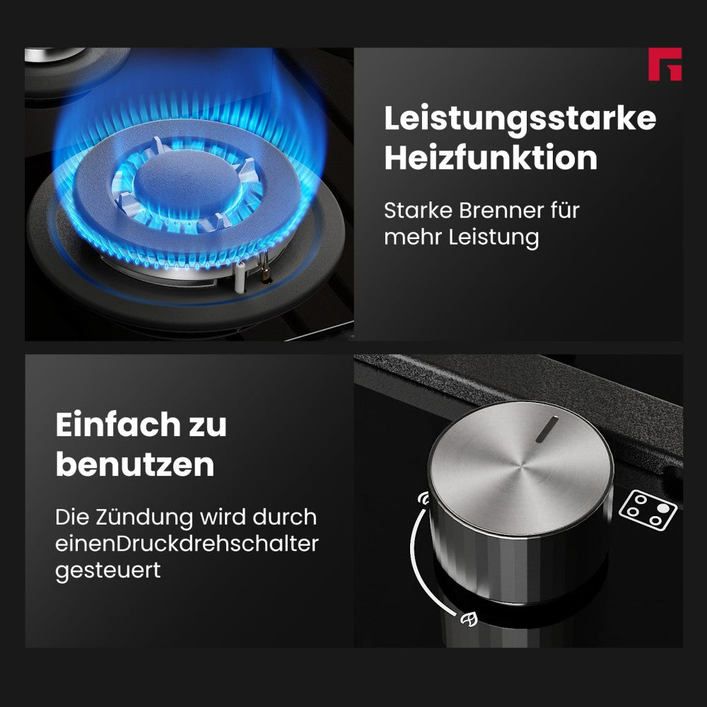 Einbaukochfeld mit Glaskeramik-Kochfeld - 4 Kochzonen und 1 Kochplatte