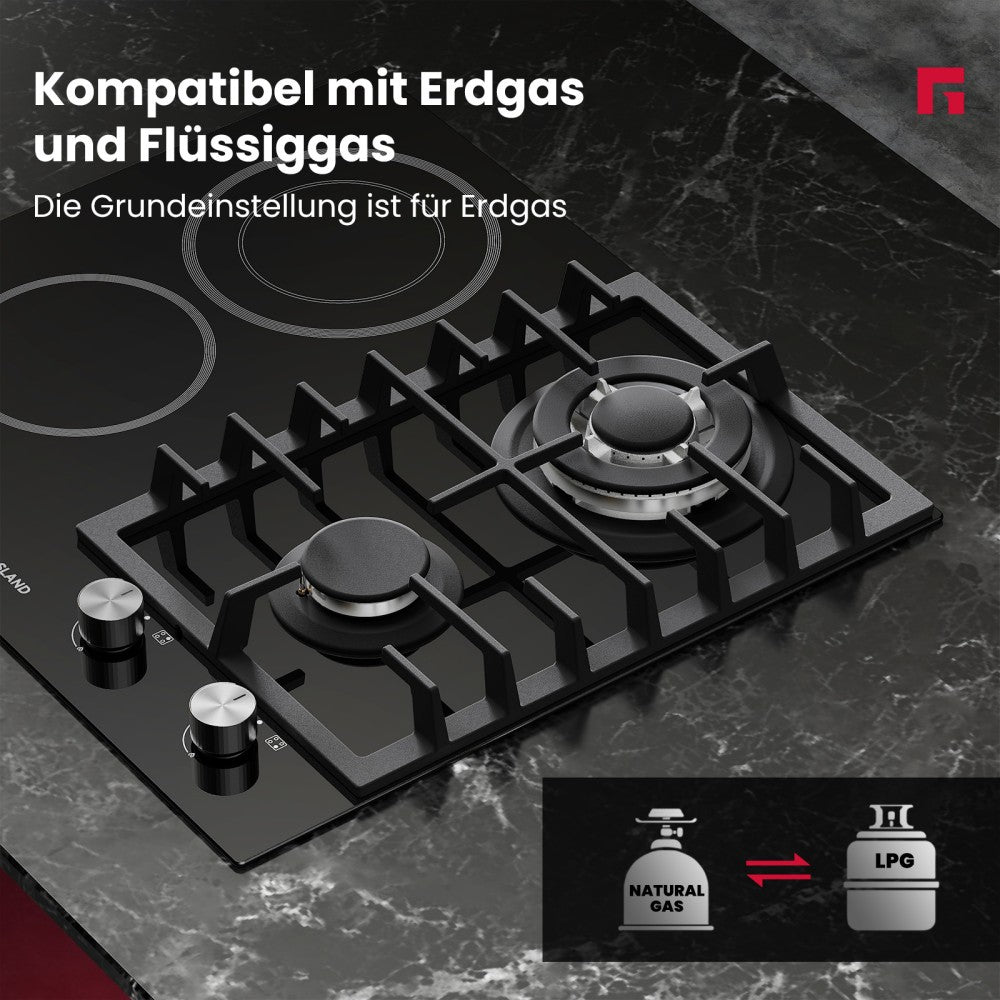 Einbaukochfeld mit Glaskeramik-Kochfeld - 4 Kochzonen und 1 Kochplatte