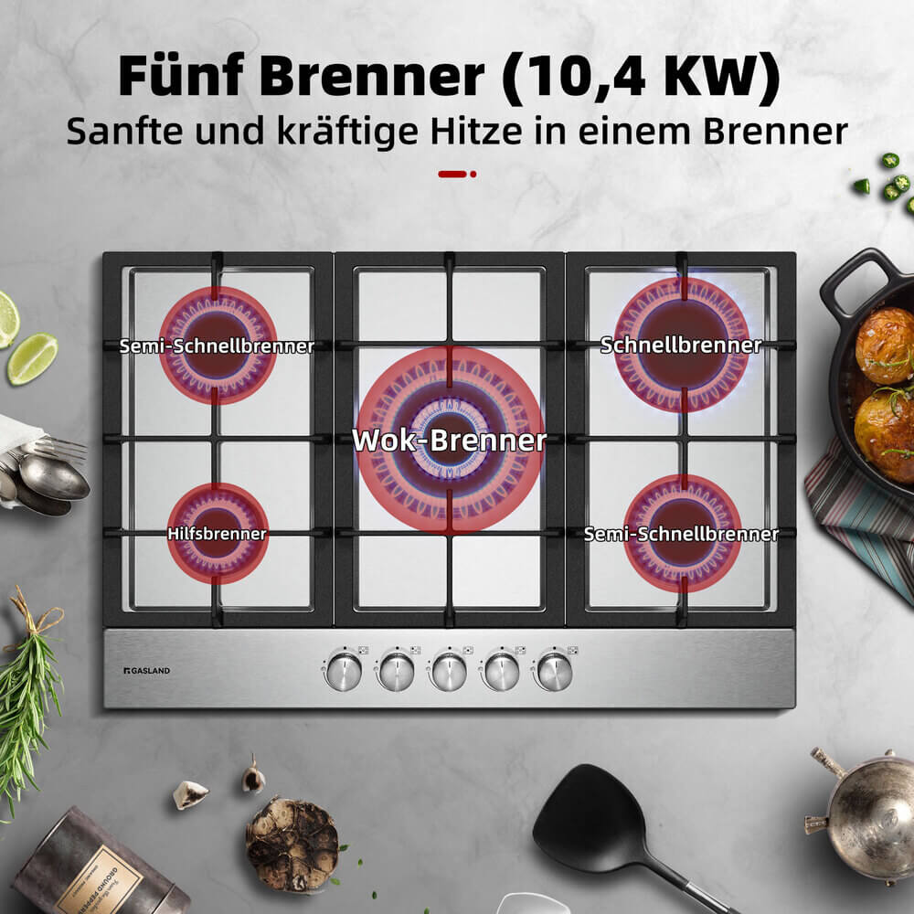 76cm 5 Flammig Edelstahl Einbau Gaskochfeld