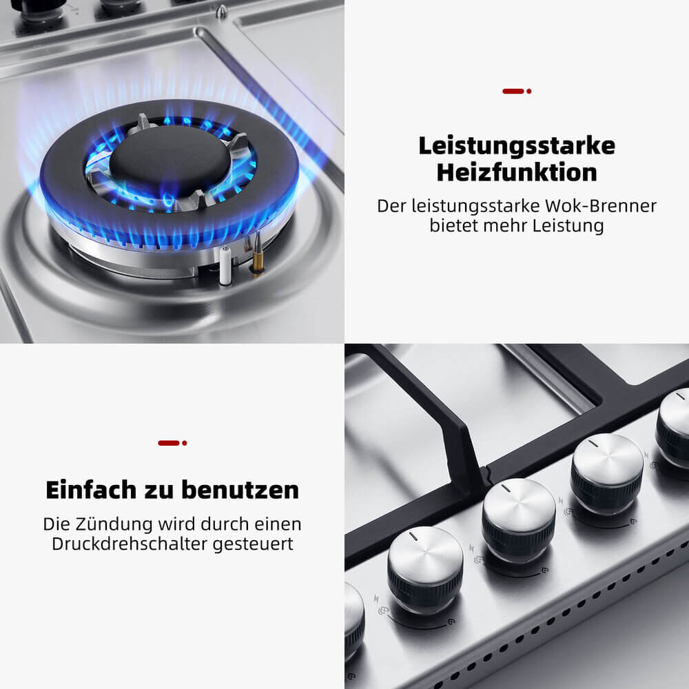 76cm 5 Flammig Edelstahl Einbau Gaskochfeld