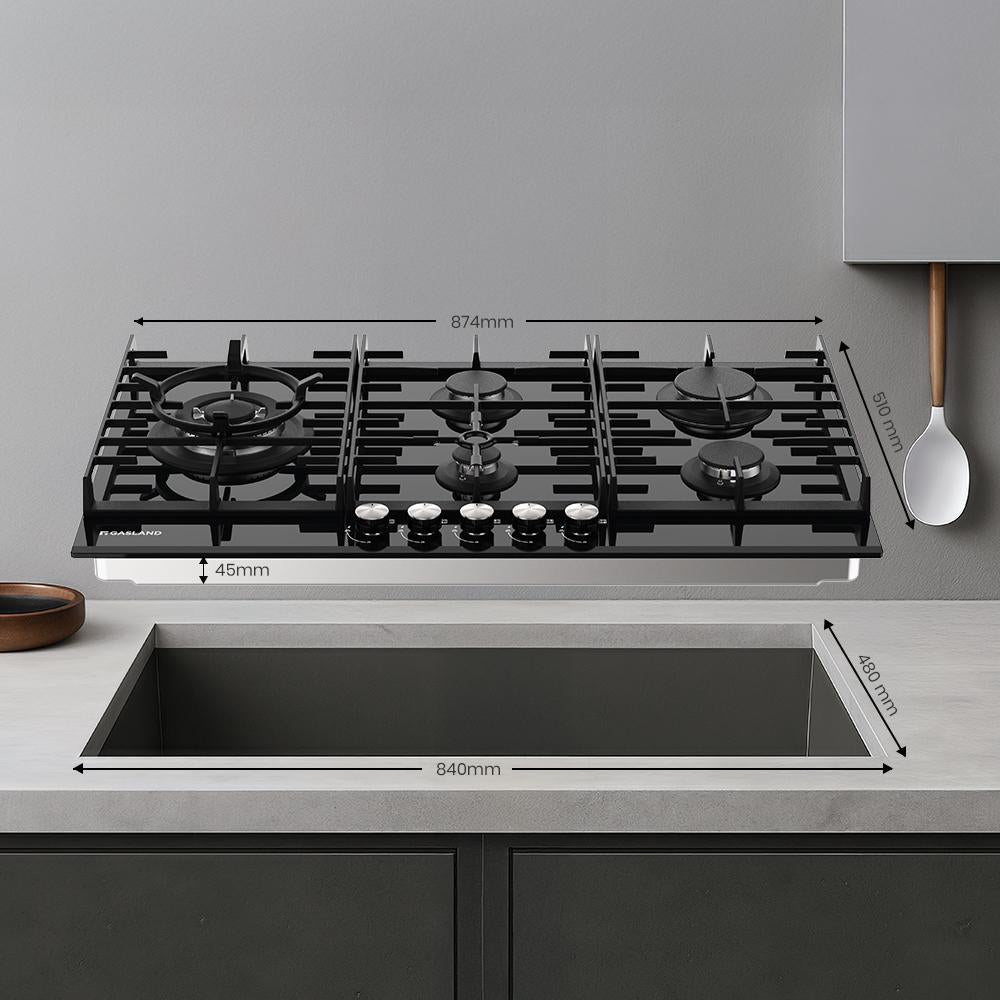 87cm Glas Gaskochfeld - 5 Flammig