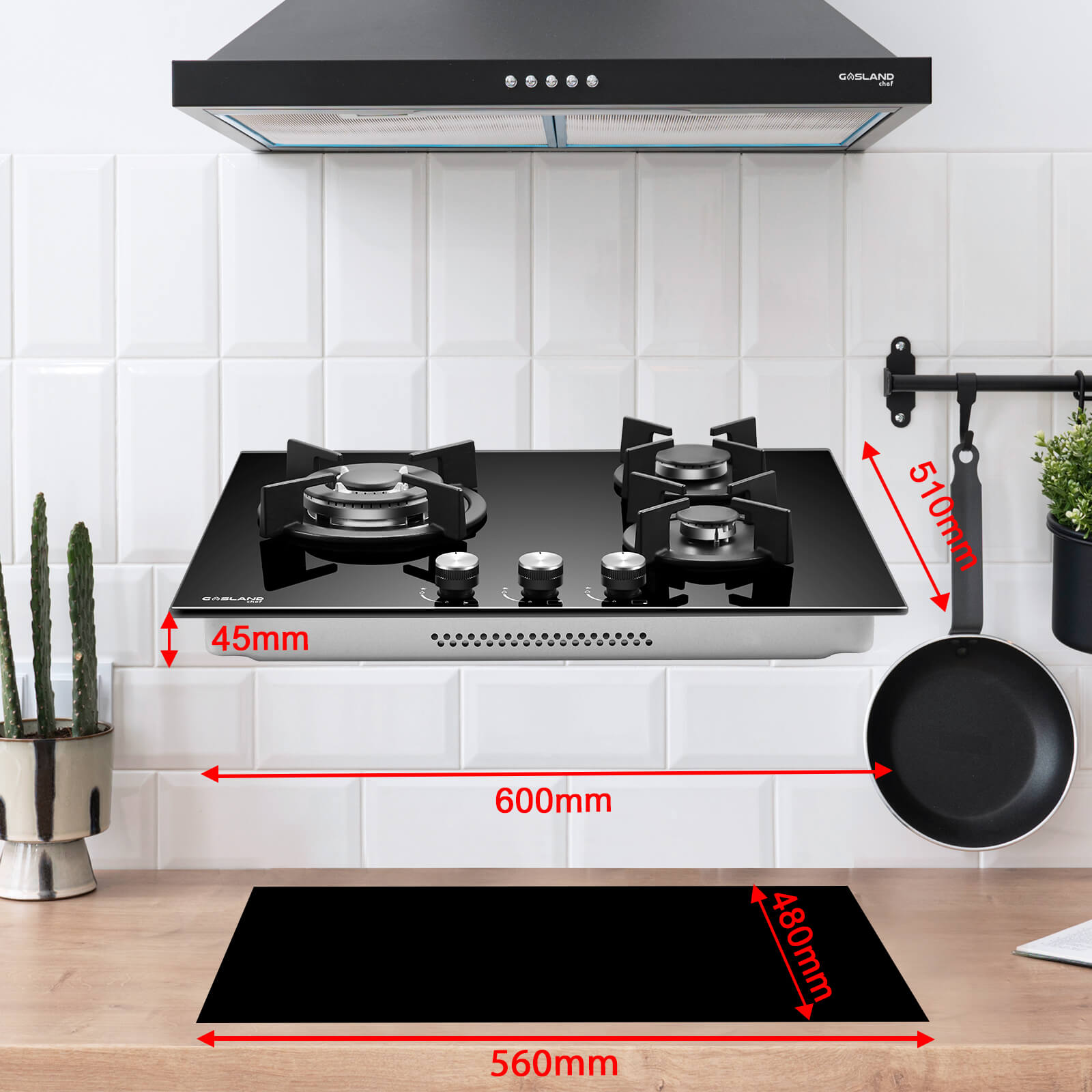 GASLAND Chef GH603BF Glas Gaskochfeld mit Wok Brenner 3 Flammig, Gas Einbau Gaskochfeld, 60 cm Schwarz Glasherd,Gas Kochfeld 6200 Watt, LPG/Erdgas