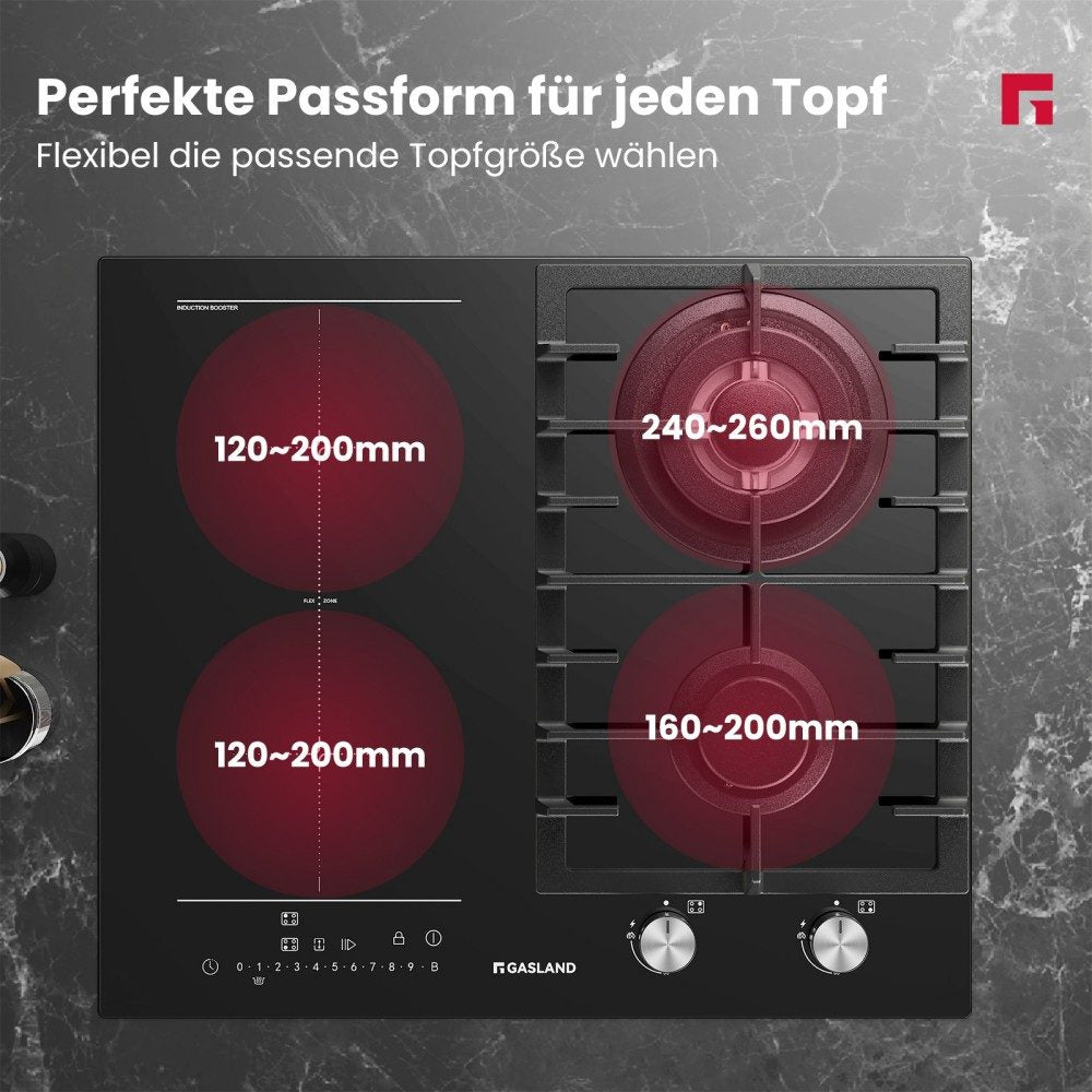 Einbaukochfeld mit Glaskeramik-Kochfeld - 4 Kochzonen und 1 Kochplatte