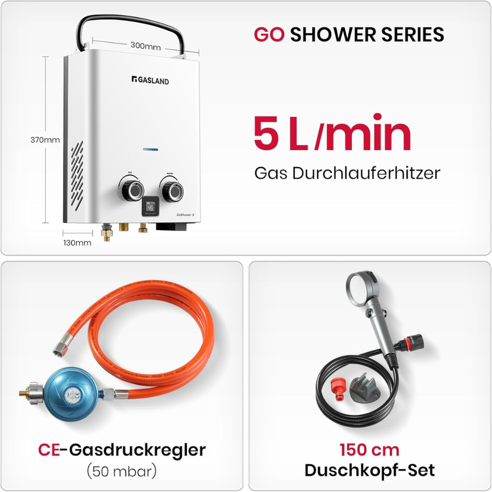 Premium 5L Propangas-Durchlauferhitzer – 50 mbar