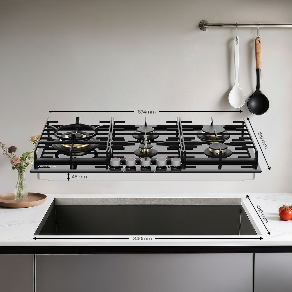 87cm 5 Flammig Messing-Brenner Glas Gaskochfeld