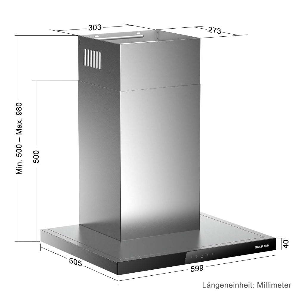 Wandhaube 60 cm Flache T-Form Dunstabzugshaube Silber