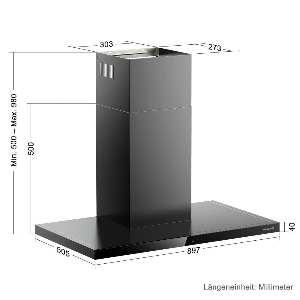 Wandhaube 90 cm Flache T-Form Dunstabzugshaube Schwarz