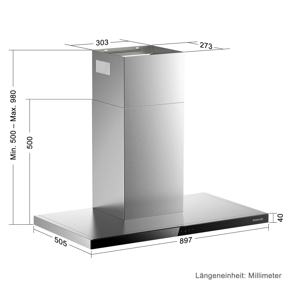 Wandhaube 90 cm Flache T-Form Dunstabzugshaube Silber