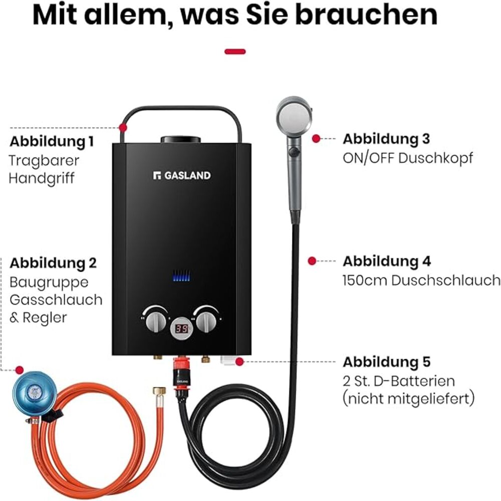 Propangas Gas Durchlauferhitzer - 6L 50mbar LPG Gasdurchlauferhitzer Instant Gasdusche für Camping