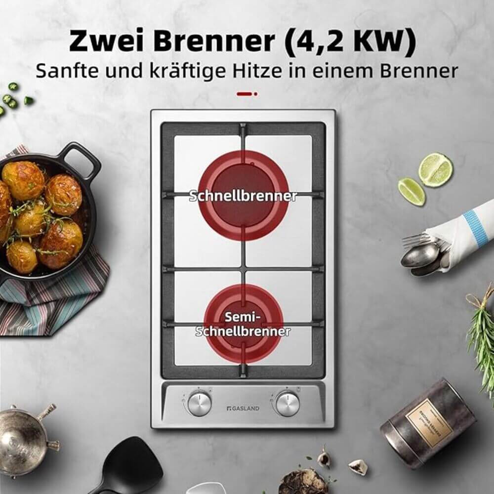 30cm Einbau Gaskochfeld - Edelstahl 2 Flammig