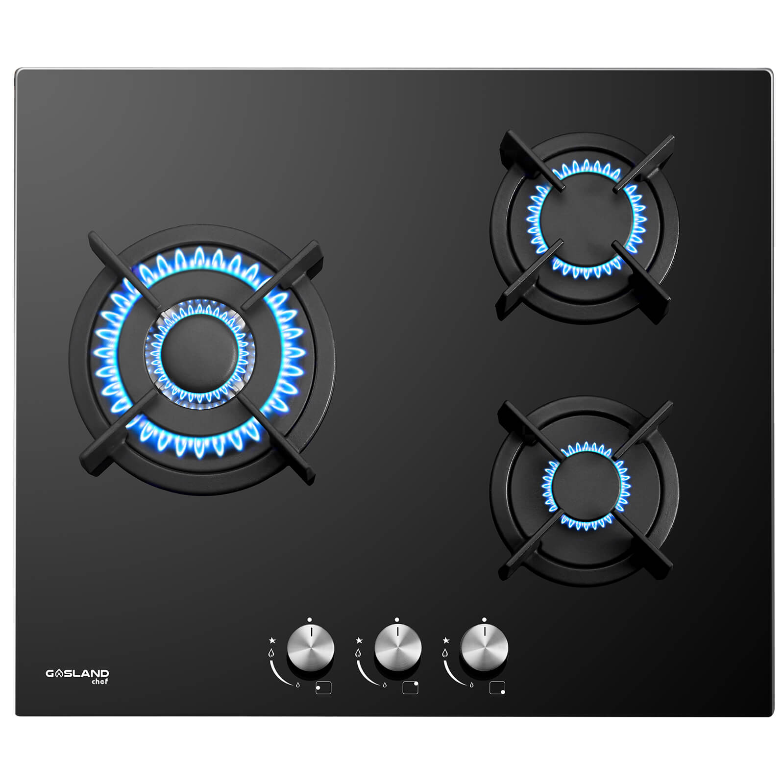 GASLAND Chef GH603BF Glas Gaskochfeld mit Wok Brenner 3 Flammig, Gas Einbau Gaskochfeld, 60 cm Schwarz Glasherd，Gas Kochfeld 6200 Watt, LPG/Erdgas