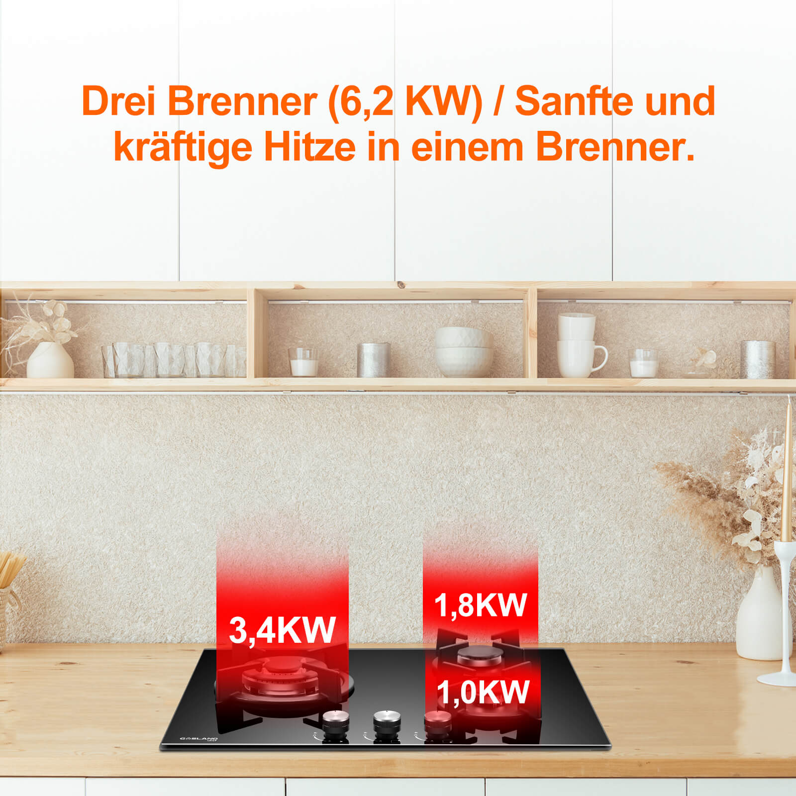 GASLAND Chef GH603BF Glas Gaskochfeld mit Wok Brenner 3 Flammig, Gas Einbau Gaskochfeld, 60 cm Schwarz Glasherd，Gas Kochfeld 6200 Watt, LPG/Erdgas