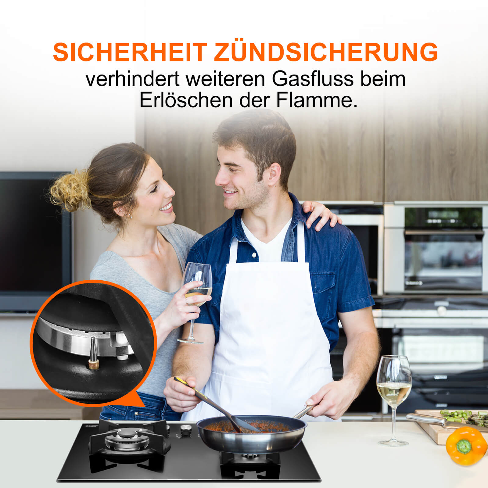 GASLAND Chef GH603BF Glas Gaskochfeld mit Wok Brenner 3 Flammig, Gas Einbau Gaskochfeld, 60 cm Schwarz Glasherd，Gas Kochfeld 6200 Watt, LPG/Erdgas