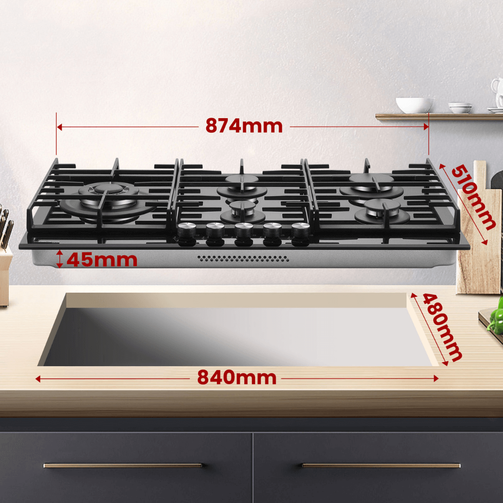 87cm Glas Gaskochfeld - 5 Flammig