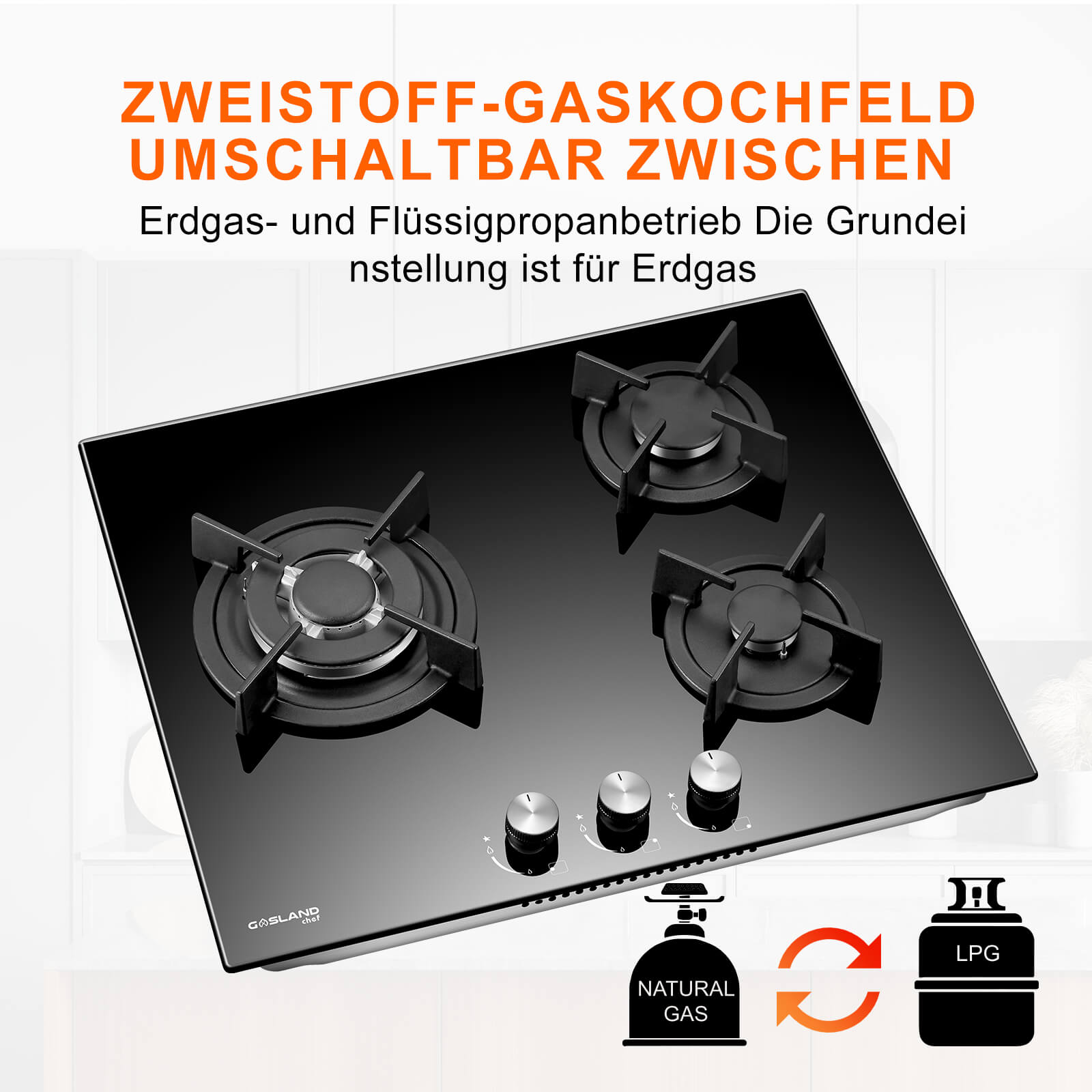 GASLAND Chef GH603BF Glas Gaskochfeld mit Wok Brenner 3 Flammig, Gas Einbau Gaskochfeld, 60 cm Schwarz Glasherd，Gas Kochfeld 6200 Watt, LPG/Erdgas