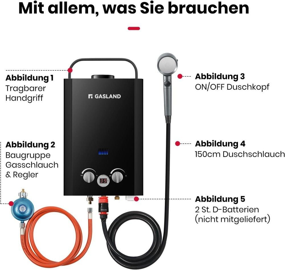 GASLAND Propan Gas Durchlauferhitzer mit Wasserpumpe - 6L 50 mbar