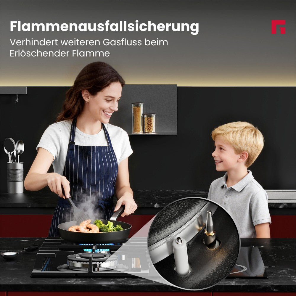 Einbaukochfeld mit Glaskeramik-Kochfeld - 4 Kochzonen und 1 Kochplatte