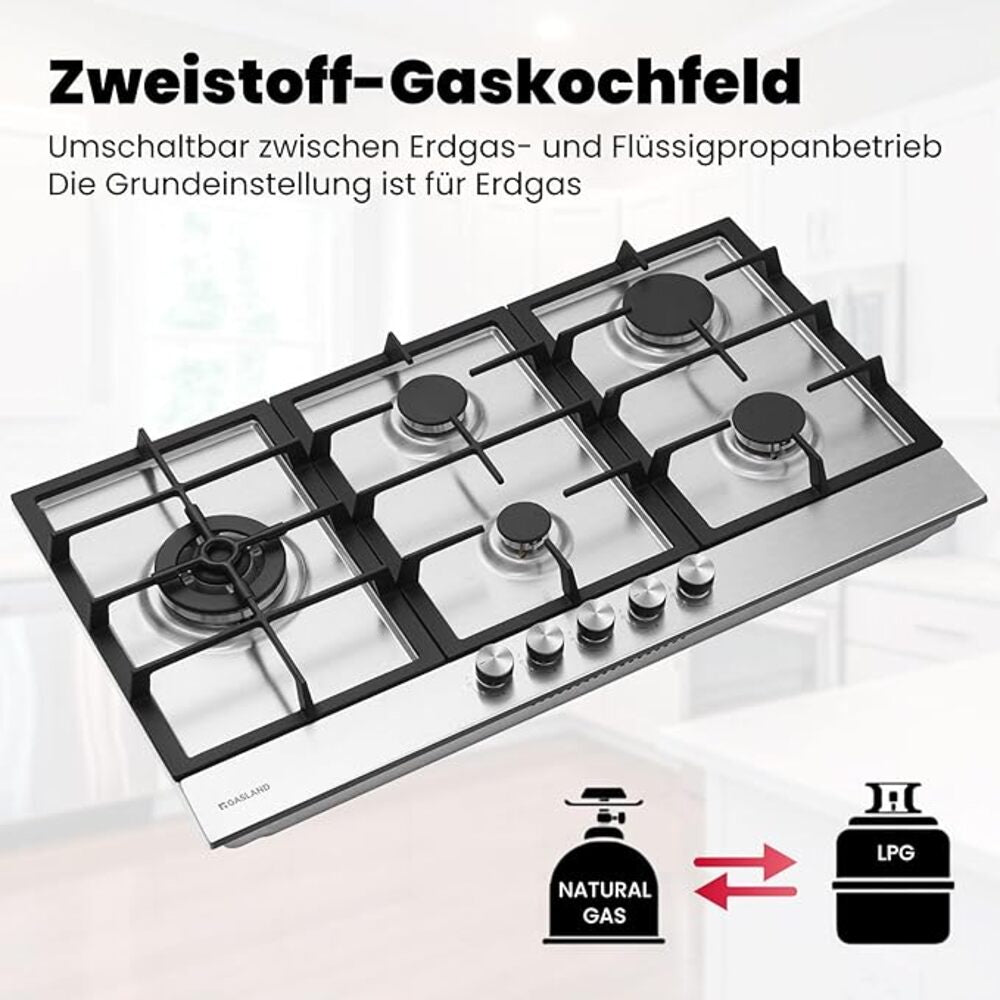 87cm built-in gas hob - stainless steel 5 burners