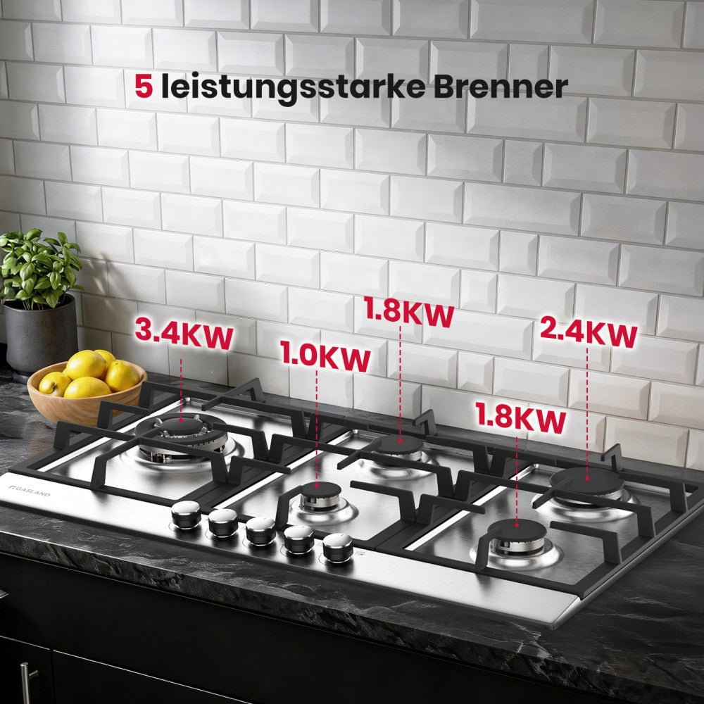 87cm Einbau Gaskochfeld - Edelstahl 5 Flammig