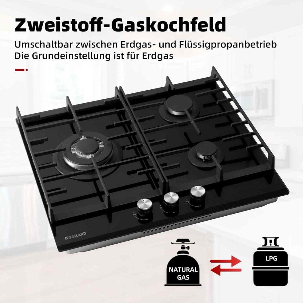 60cm Glas Gaskochfeld mit Wok Brenner 3 Flammig
