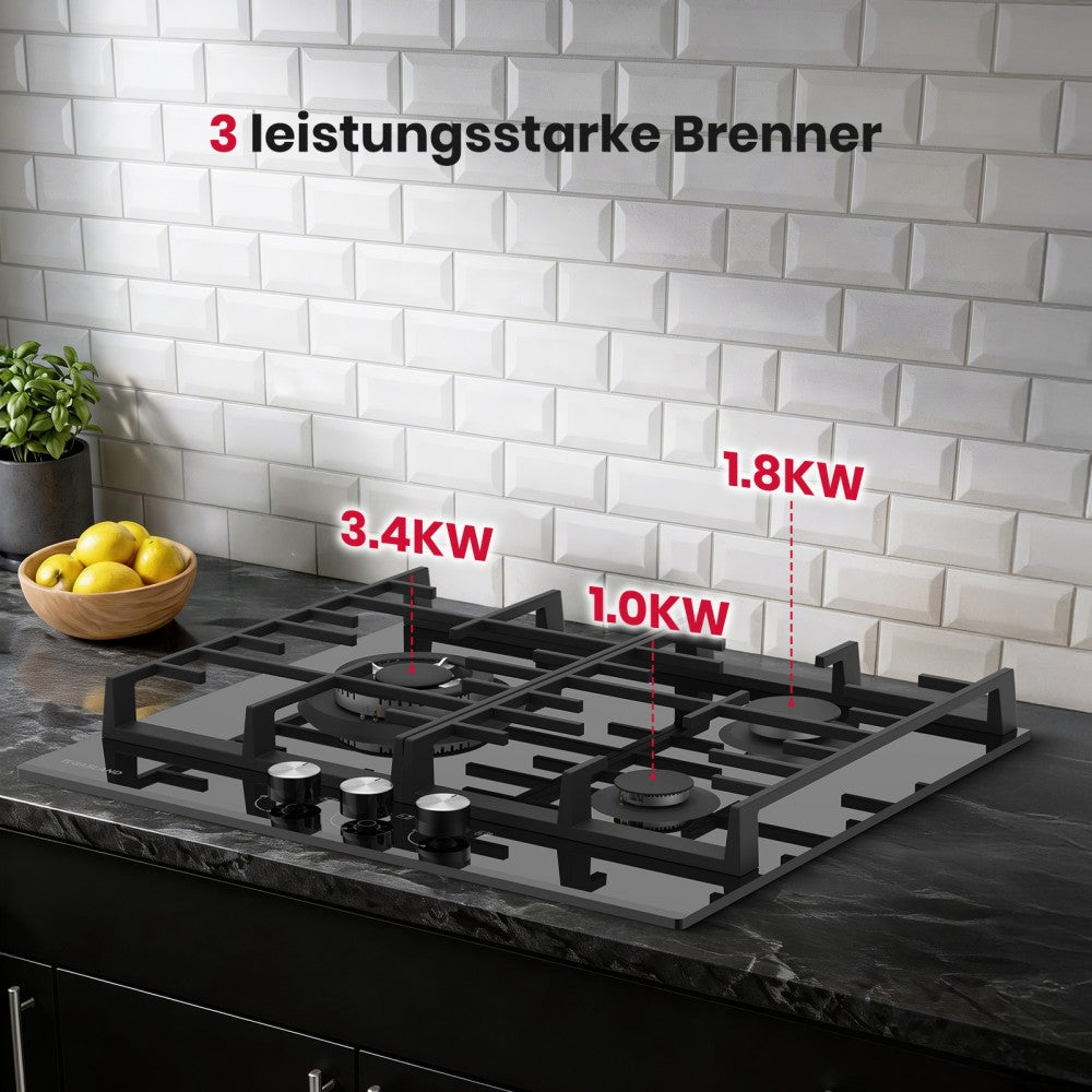 60cm Glas Gaskochfeld mit Wok Brenner 3 Flammig