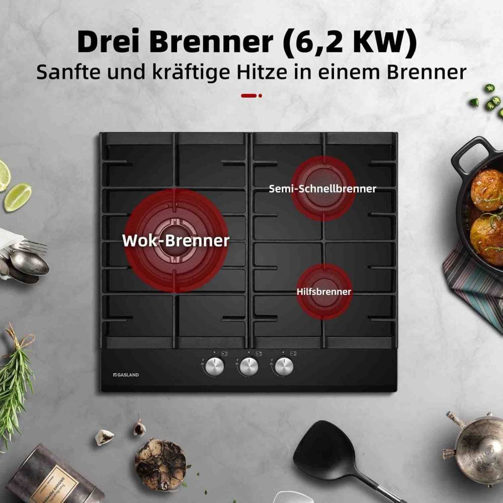 60cm Glas Gaskochfeld mit Wok Brenner 3 Flammig