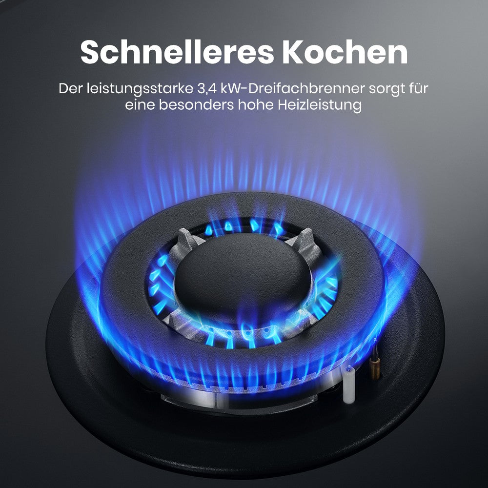 60cm Glas Gaskochfeld mit Wok Brenner 3 Flammig