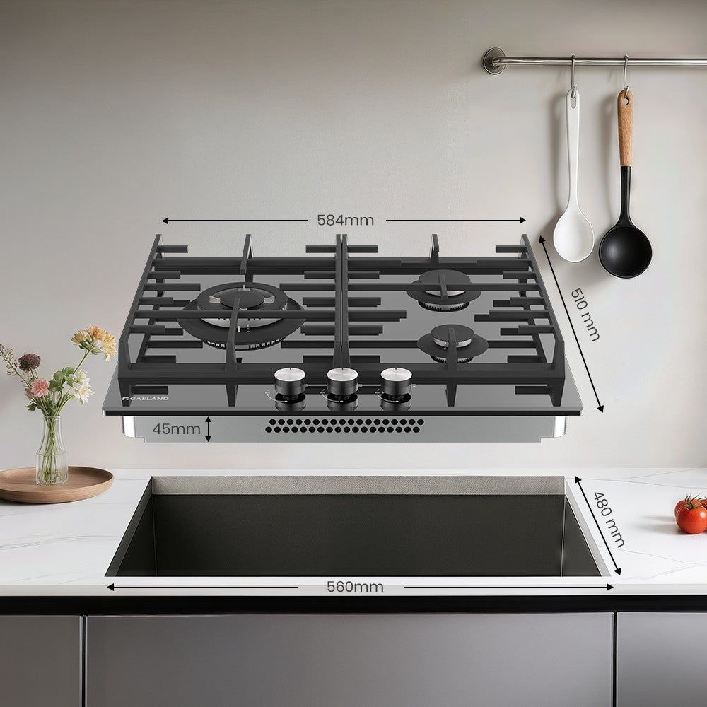 60cm Glas Gaskochfeld mit Wok Brenner 3 Flammig