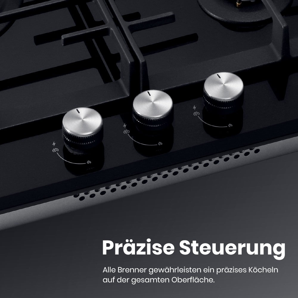 60cm Glas Gaskochfeld mit Wok Brenner 3 Flammig