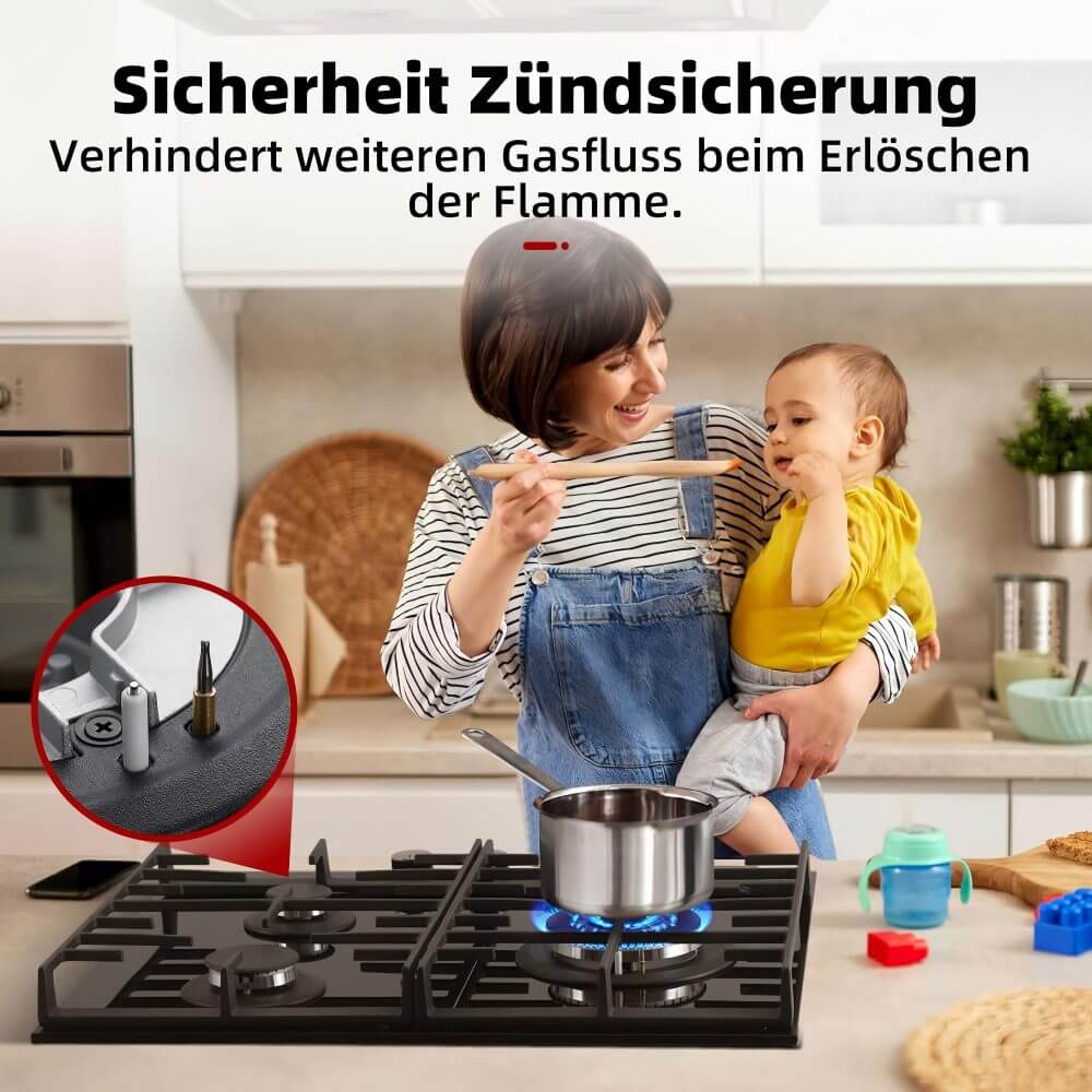 60cm Glas Gaskochfeld mit Wok Brenner 3 Flammig