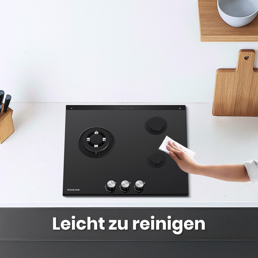 60cm Glas Gaskochfeld mit Wok Brenner 3 Flammig