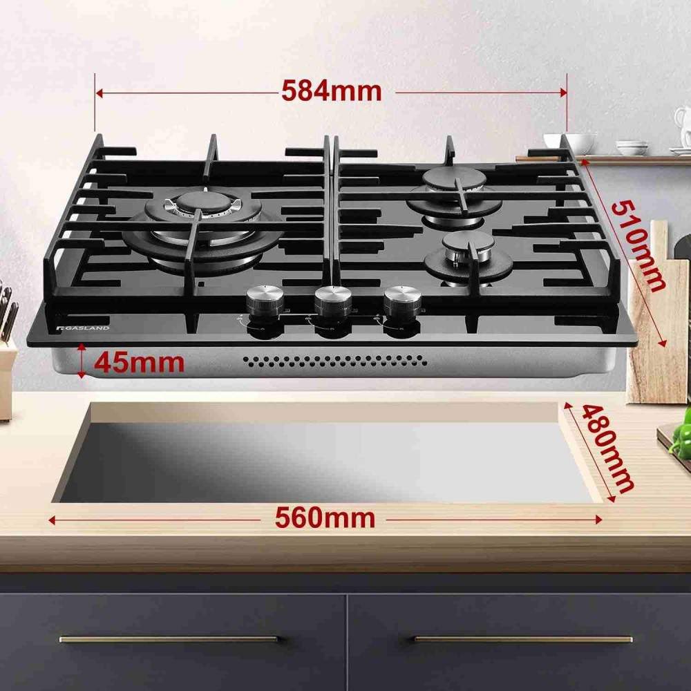 60cm Glas Gaskochfeld mit Wok Brenner 3 Flammig