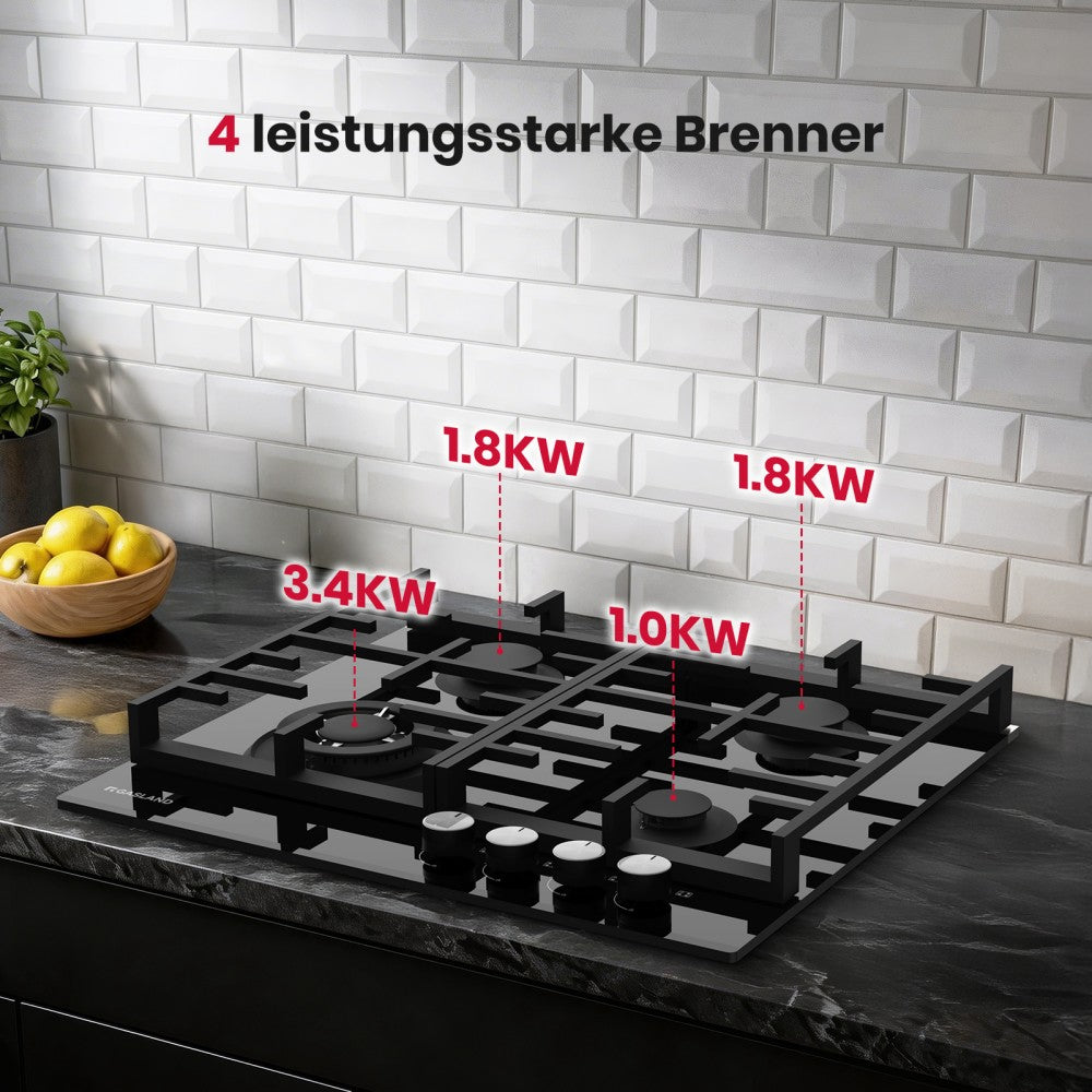 60 cm Glas Gaskochfeld 4-Flammig