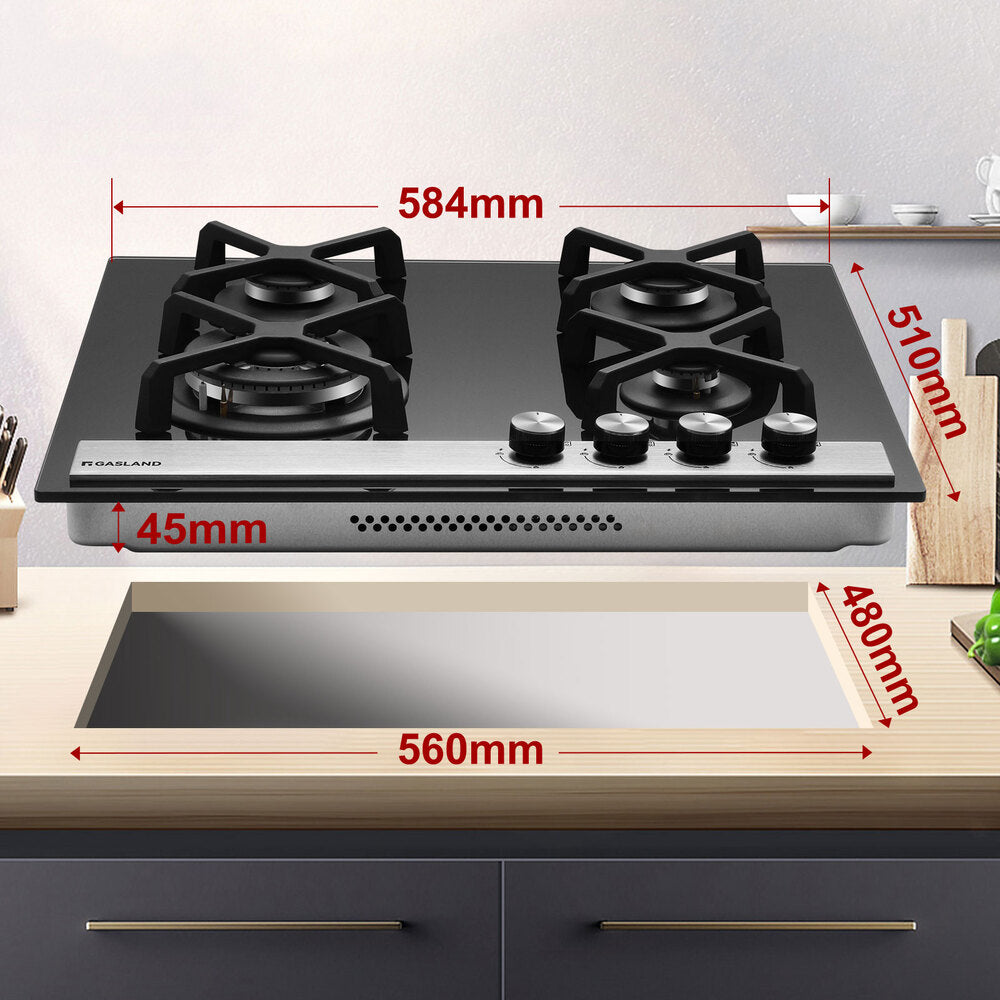 Glas Gaskochfeld 4 Flammig 60cm