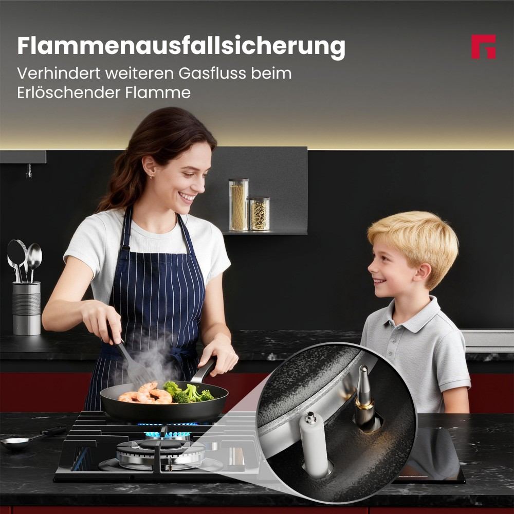 Einbaukochfeld mit Glaskeramik-Kochfeld - 4 Kochzonen und 1 Kochplatte