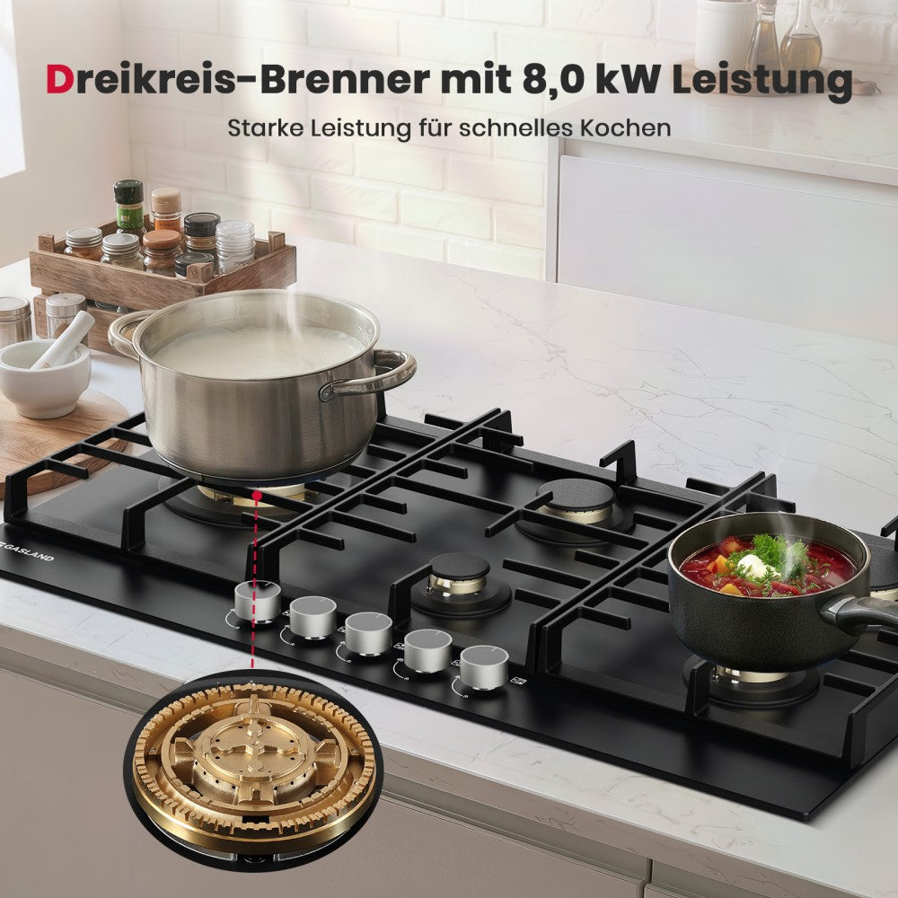 87cm 5 Flammig Messing-Brenner Glas Gaskochfeld