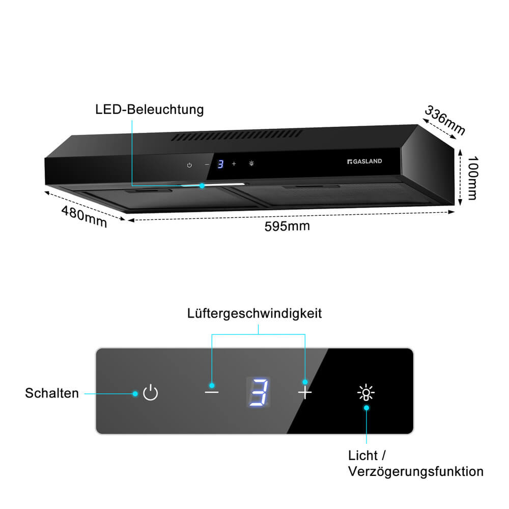 GASLAND 60cm Umluft Dunstabzugshaube Leise Dunstabzugshauben Abluft 202 m³/h abzugshaube Schwarz Stahl Glasbildschirme [Energieklasse C]