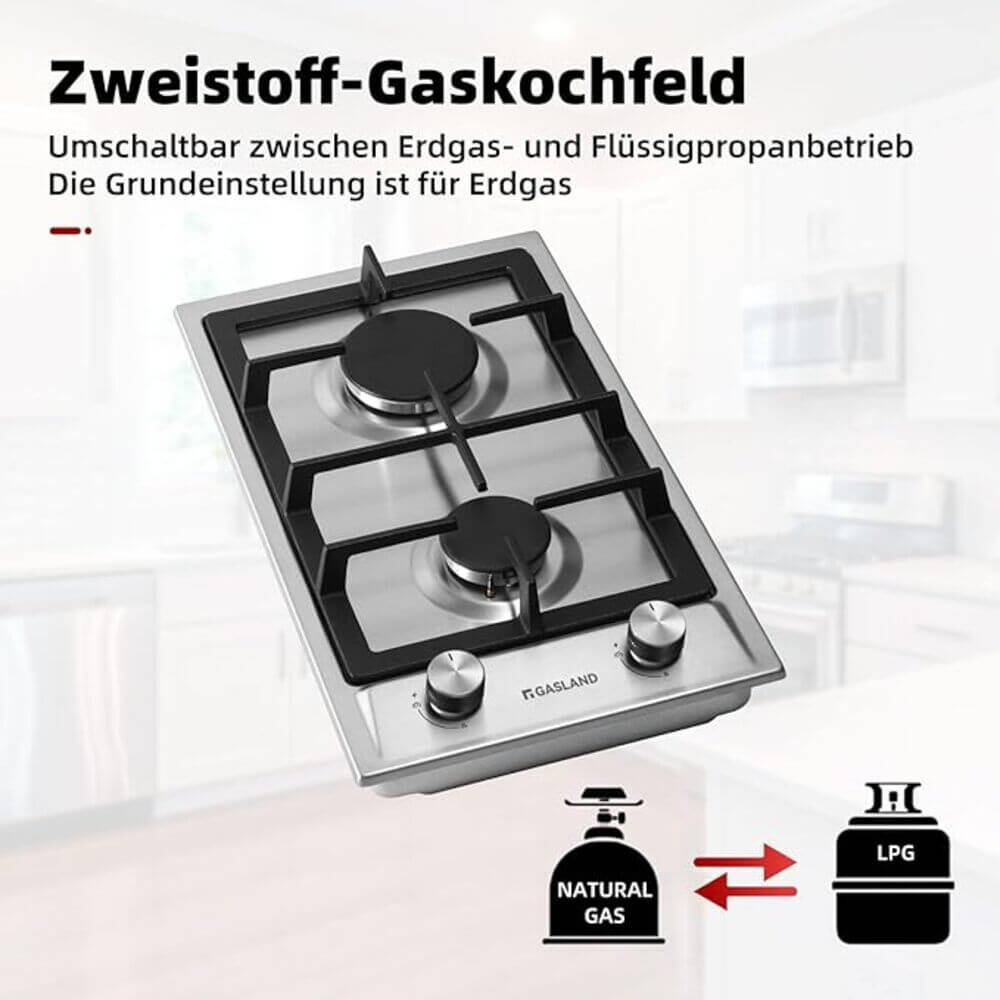 30cm Einbau Gaskochfeld - Edelstahl 2 Flammig